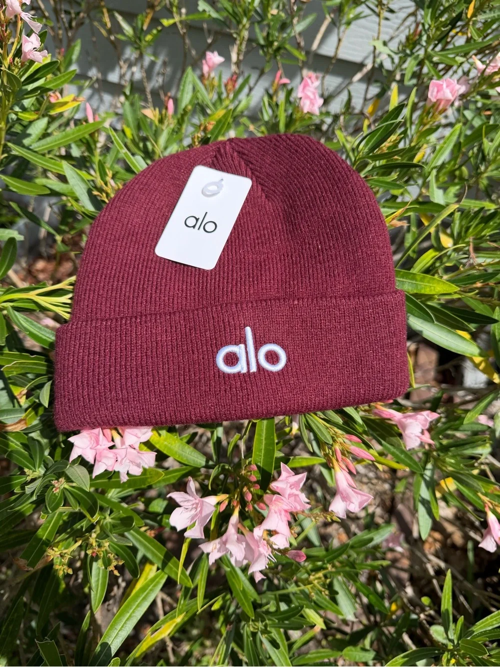 ALO Yoga Maroon Ribbed Beanie with White Logo